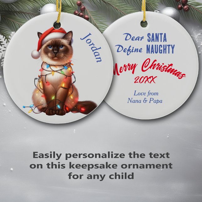 Funny Balinese Cat Wrapped in Lights Christmas Ceramic Ornament (Creator Uploaded)