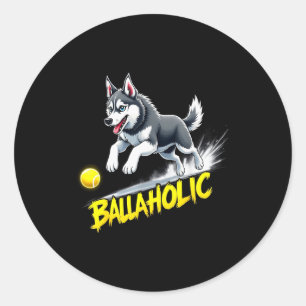 Funny Ballaholic Siberian Husky Dog Chasing Ball  Classic Round Sticker