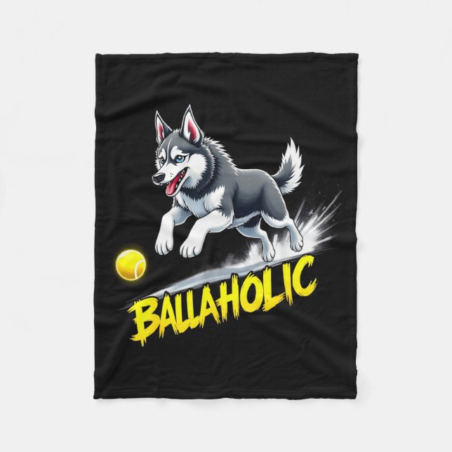 Funny Ballaholic Siberian Husky Dog Chasing Ball  Fleece Blanket (Front)