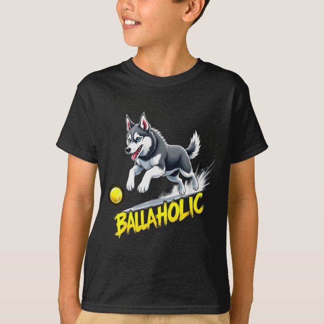 Funny Ballaholic Siberian Husky Dog Chasing Ball  T-Shirt (Front)