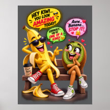 Funny Banana and Kiwi Flirting Poster