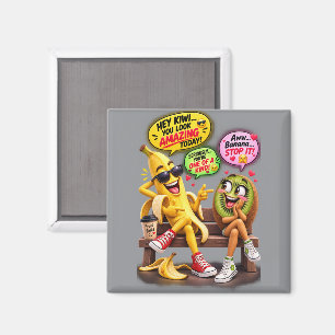 Funny Banana & Kiwi Flirting Square Magnet