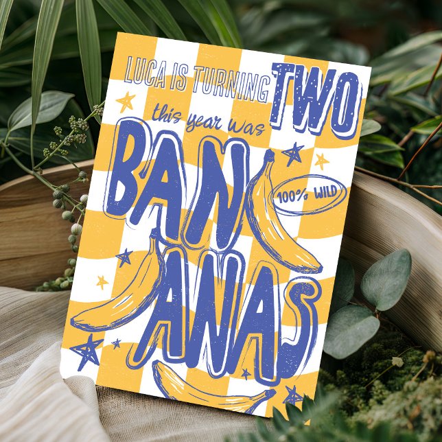 Funny BANANA Modern Checked Monkey 2nd Birthday Invitation (Funny This Year Was Bananas BANANA yellow blue checked cute monkey Boy 2nd Birthday Invitation)