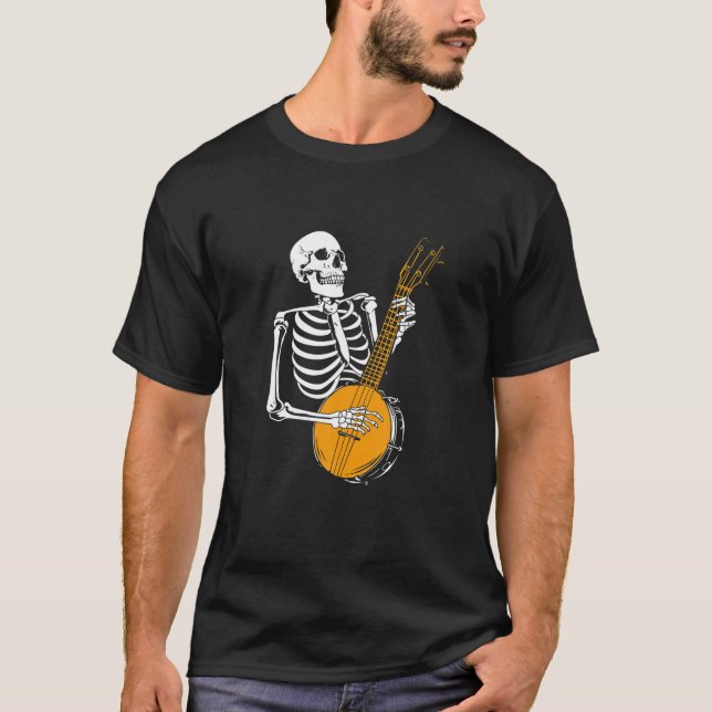Funny Banjo Lover Skeleton Playing Banjo Halloween T-Shirt (Front)