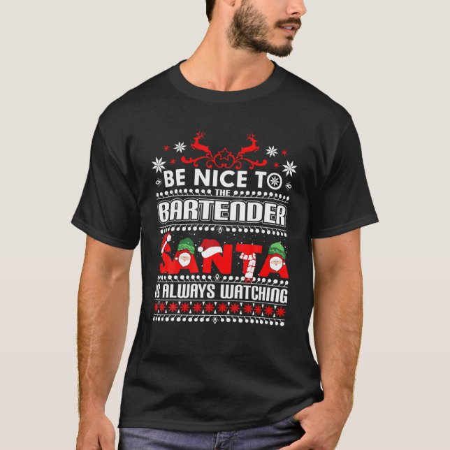 Funny Bartending Gift Festive Ugly Christmas Barte T-Shirt (Front)