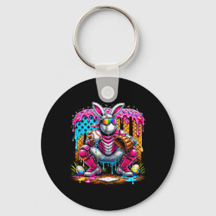 Funny Baseball Bunny Catcher Easter Sports Rainbow Key Ring
