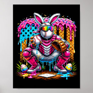 Funny Baseball Bunny Catcher Easter Sports Rainbow Poster