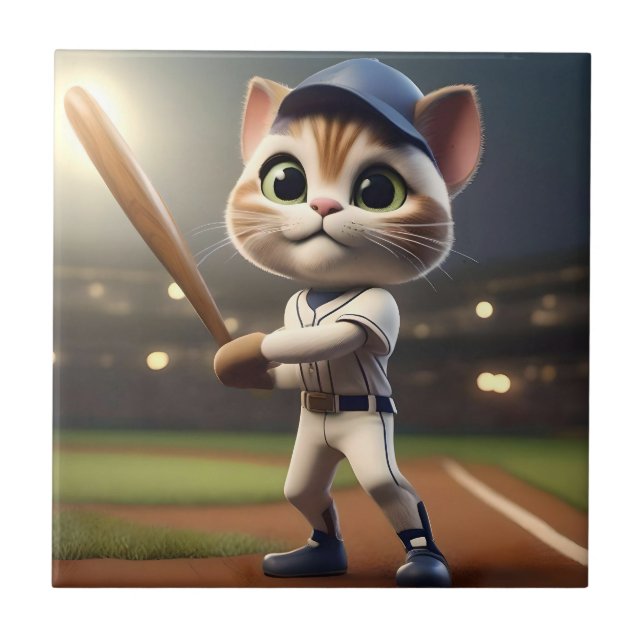 Funny Baseball Cat, Ceramic Tile (Front)