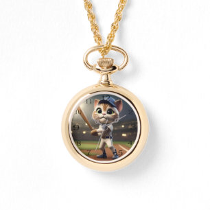 Funny Baseball Cat,Ladies Necklace Watch