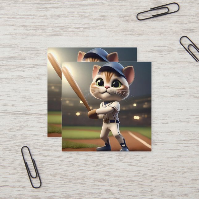 Funny Baseball Cat, Square Business Card (Front/Back In Situ)