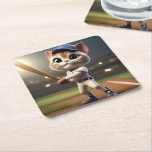 Funny Baseball Cat, Square Paper Coaster