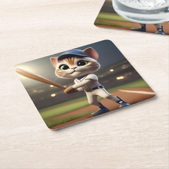 Funny Baseball Cat, Square Paper Coaster (Angled)