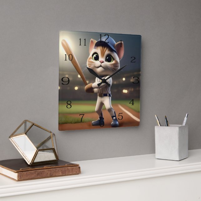 Funny Baseball Cat, Square Wall Clock (Office)