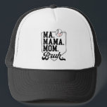 Funny Baseball Mum Bruh with Team Name and Number Trucker Hat<br><div class="desc">Minimalist baseball mum trucker hat design featuring the phrase "Ma. Mama. Mum. Bruh." in bold black letters with a small red heart above,  combining sporty humour with simple,  stylish flair—perfect for game days and proud sports moms.</div>