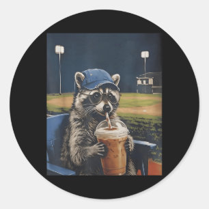 Funny Baseball Racoon Drinking Ice Coffee Live Classic Round Sticker
