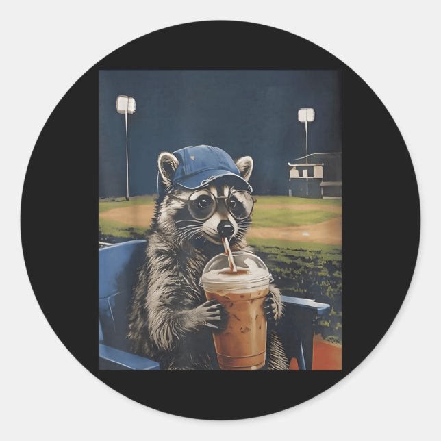 Funny Baseball Racoon Drinking Ice Coffee Live Classic Round Sticker (Front)