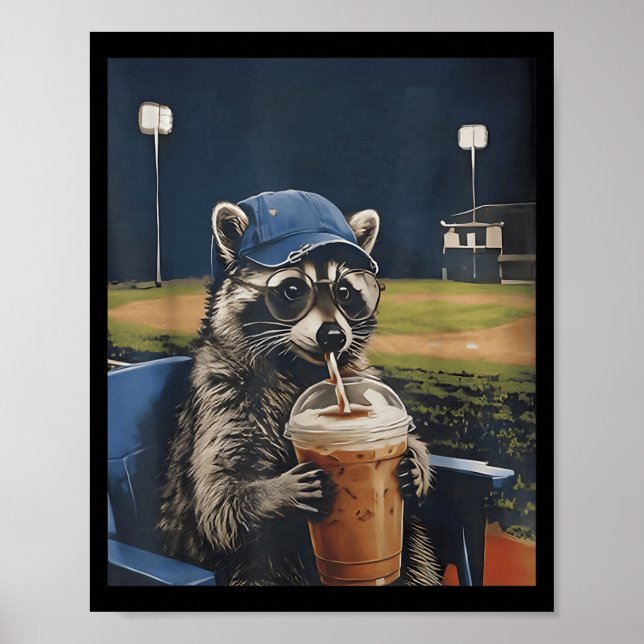 Funny Baseball Racoon Drinking Ice Coffee Live Poster (Front)