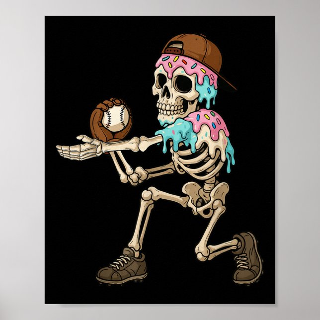 Funny Baseball Skeleton Ice Cream Drip Baseball Bo Poster (Front)