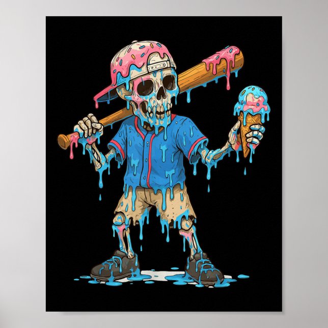 Funny Baseball Skeleton Ice Cream Drip Baseball Bo Poster (Front)