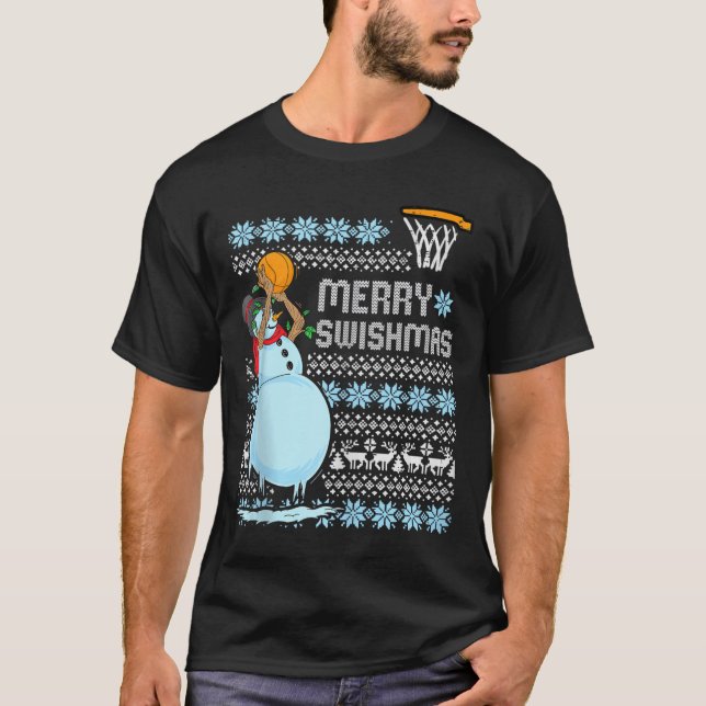 Funny Basketball Christmas Quote Merry Swishmas Ma T-Shirt (Front)