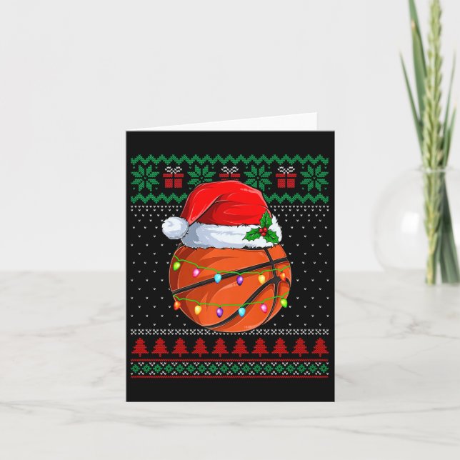 Funny Basketball Christmas Ugly Sweater Santa Hat  Card (Front)