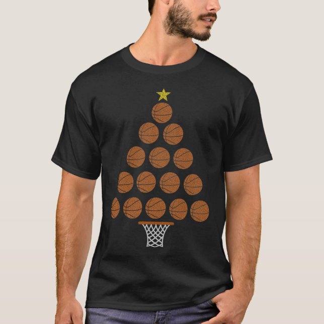 Funny Basketball Lover Christmas Tree Hoops Theme  T-Shirt (Front)