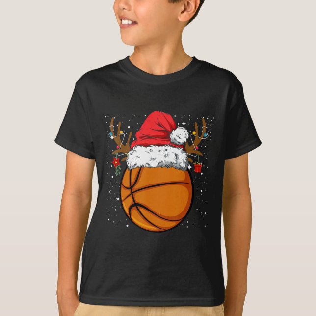 Funny Basketball Reindeer Santa Hat Christmas Holi T-Shirt (Front)
