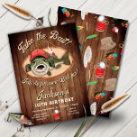 Funny Bass fish Reel Fun Birthday Party Invitation<br><div class="desc">Have some Reel Fun with this Funny Bass Fishing Invitations. Order digital or printed from the drop down menu. Features a bass fish with sportman's hat trying to "take the bait" from his mounted plack on a rustic wood background with fishing icons like a can of worms, lures, net. Great...</div>