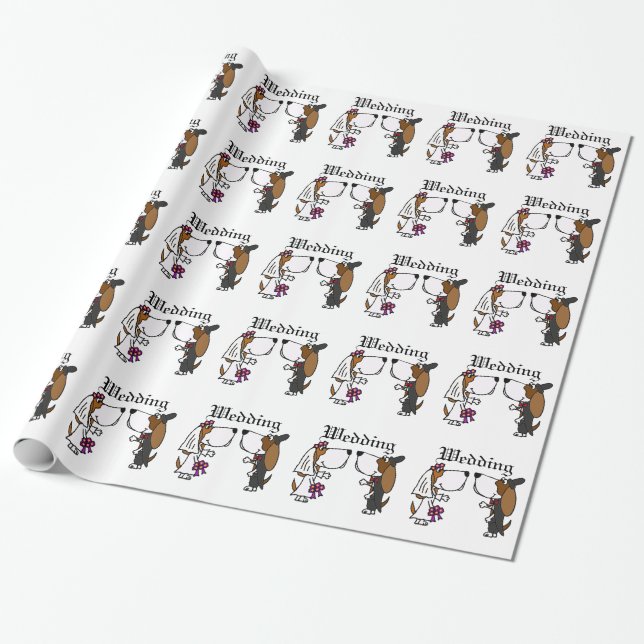 Funny Basset Hound Bride and Groom Wedding Art Wrapping Paper (Unrolled)