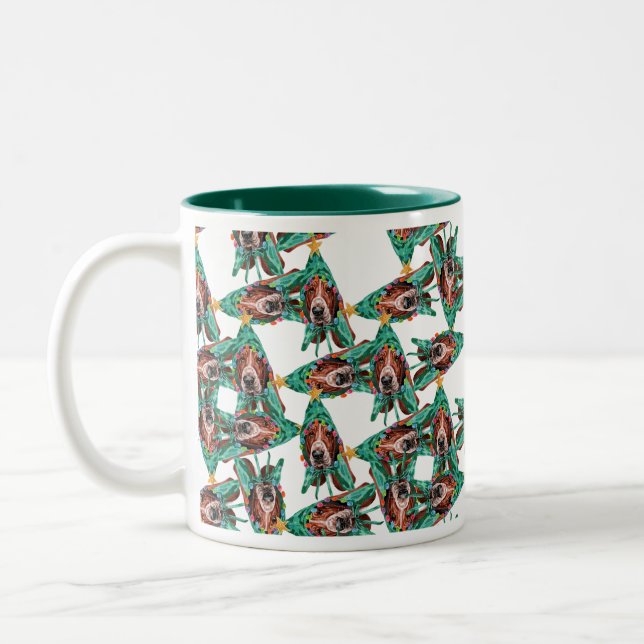 Funny Basset Hound Christmas Pattern Two-Tone Coffee Mug (Left)