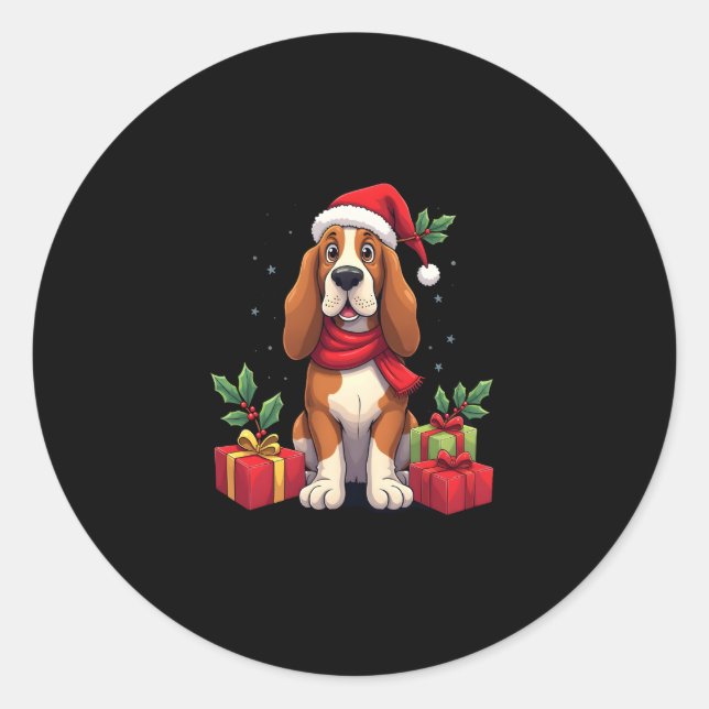 Funny Basset Hound Dog Christmas Outfits Santa Hat Classic Round Sticker (Front)