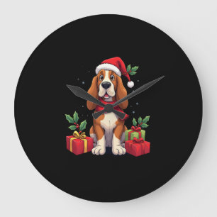 Funny Basset Hound Dog Christmas Outfits Santa Hat Large Clock