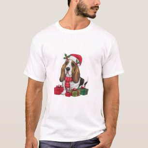 Funny Basset Hound Dog Christmas Outfits Santa Hat T-Shirt