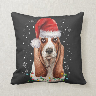 Funny Basset Hound Dog Christmas santa hat Lights Cushion
