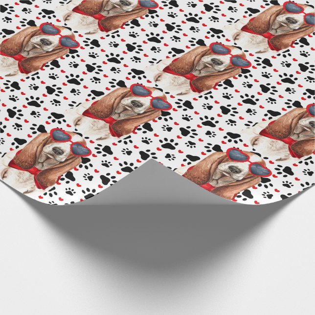 Funny Basset Hound Dog Love Red Hearts and Paws Wrapping Paper (Corner)