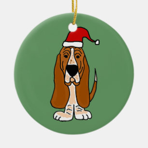 Funny Basset Hound in Santa Hat Christmas Art Ceramic Ornament