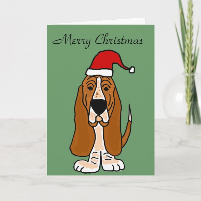 Funny Basset Hound in Santa Hat Christmas Art Holiday Card (Front)