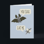 Funny Bat and Mosquito Cartoon Light Blue Birthday Card<br><div class="desc">Add your own message to the inside of this funny birthday card or leave it as is for food chain themed birthday message. The front of the card feature a snarky conversation between a cartoon bat and a cartoon mosquito set against a light blue background.</div>