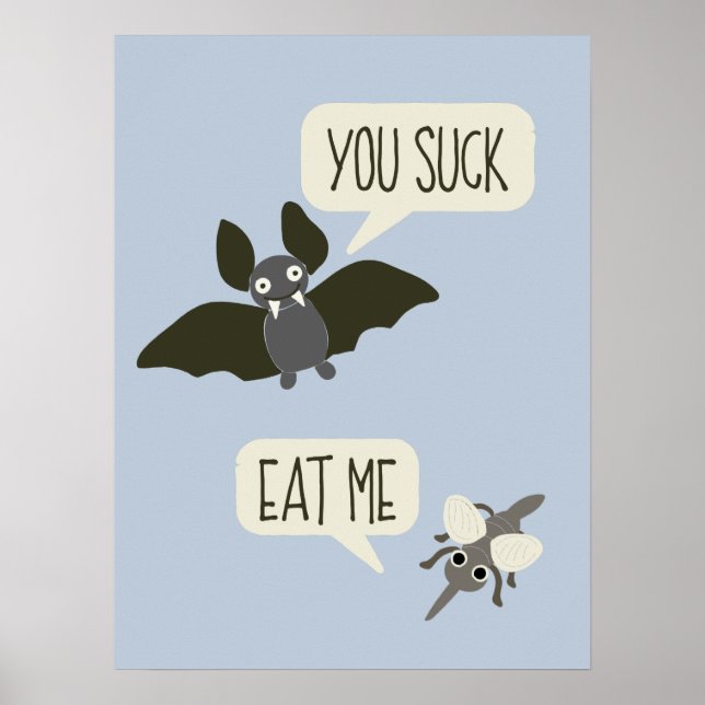 Funny Bat and Mosquito Cartoon Light Blue Poster (Front)