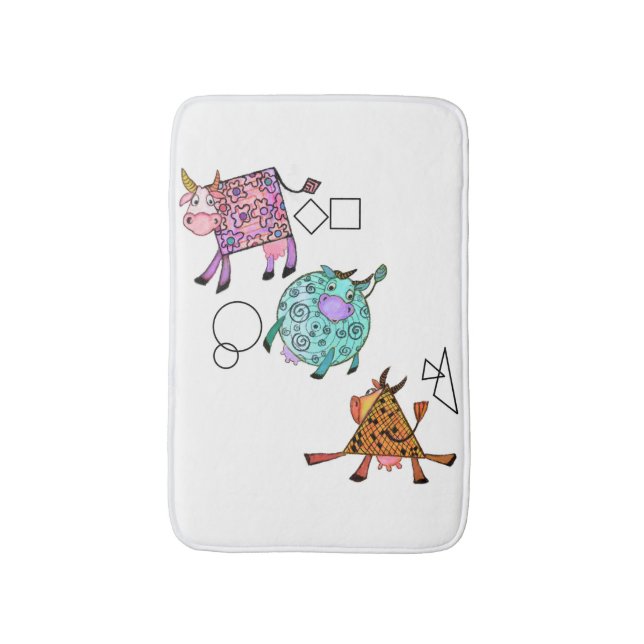 Funny Bath Mat with Colourful Geometric Cows (Front Vertical)