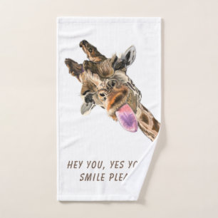 Funny Bath Towel Set Playful Giraffe - Custom Text