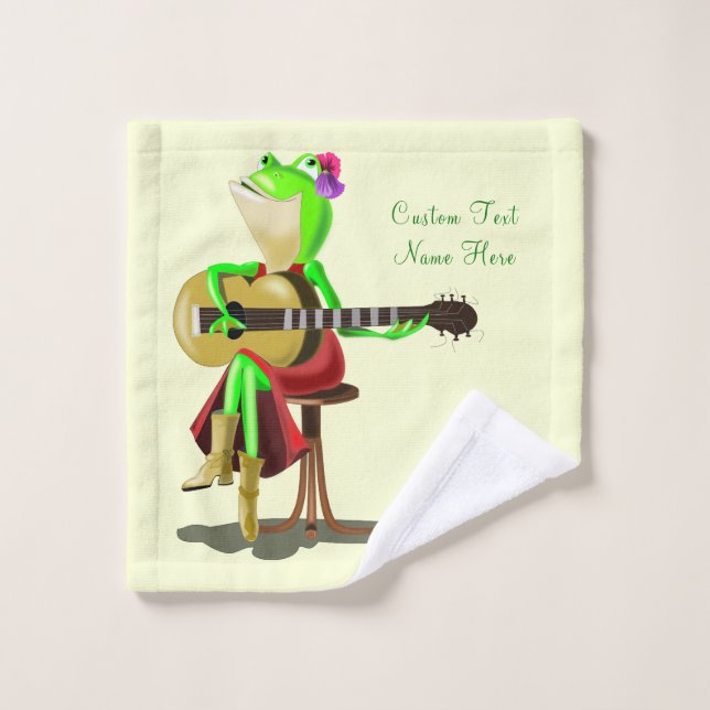 Funny Bath Towels Frog Playing Guitar Custom Text (Wash Cloth)