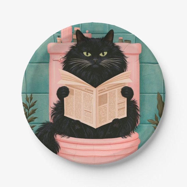 Funny Bathroom Black Cat  Paper Plate (Front)