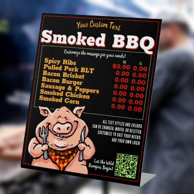 Funny BBQ Barbeque Menu Pig Roast Grill Food Truck Pedestal Sign (Creator Uploaded)