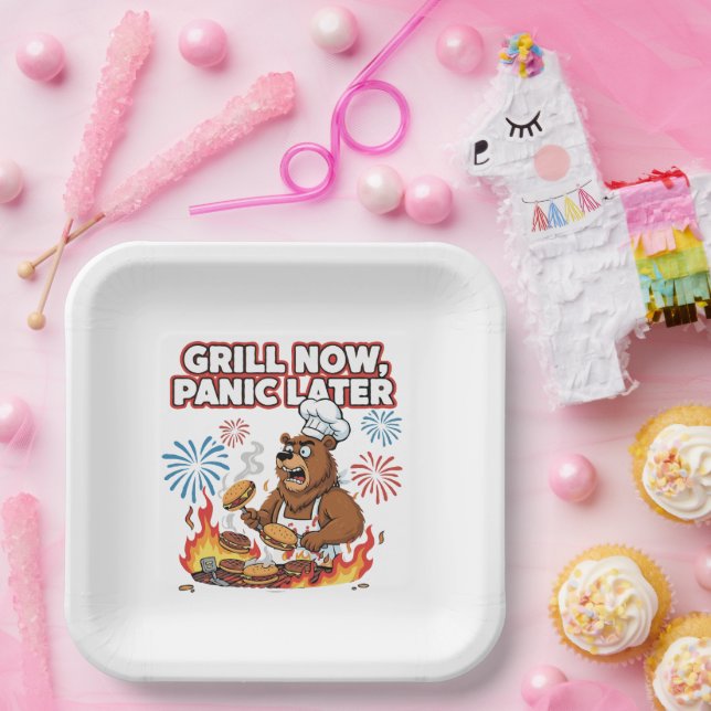 Funny BBQ Bear Grill Now Panic Later Fireworks Paper Plate (Party)