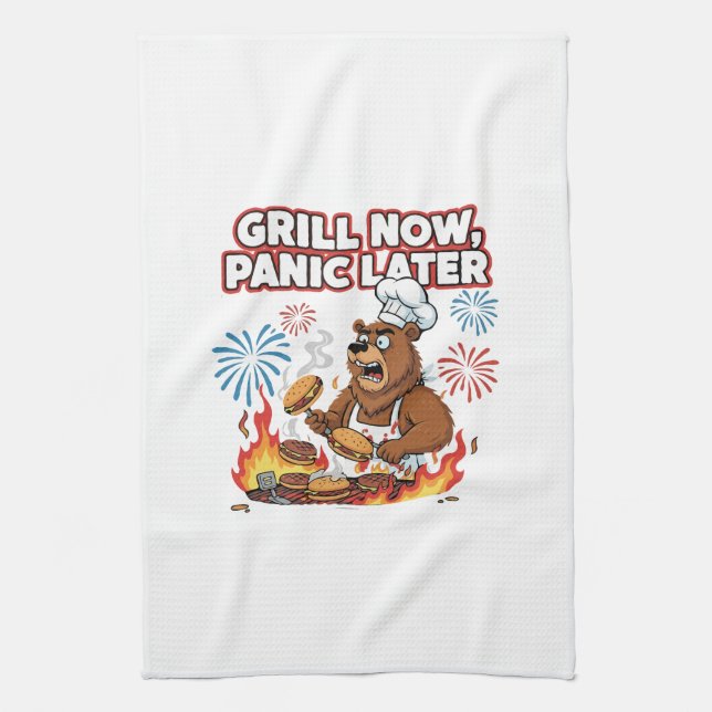 Funny BBQ Bear Grill Now Panic Later Fireworks Tea Towel (Vertical)
