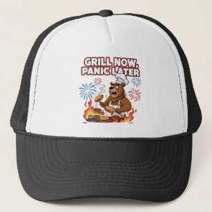 Funny BBQ Bear Grill Now Panic Later Fireworks Trucker Hat