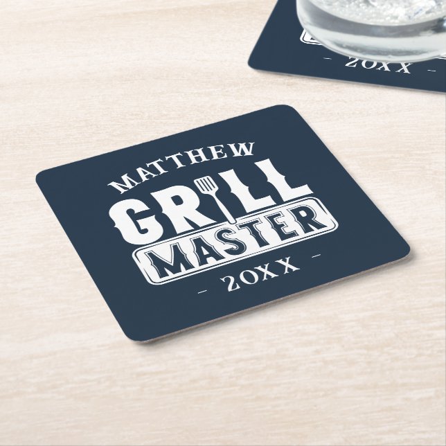 Funny BBQ Grill Master Personalised Barbecue King Square Paper Coaster (Angled)