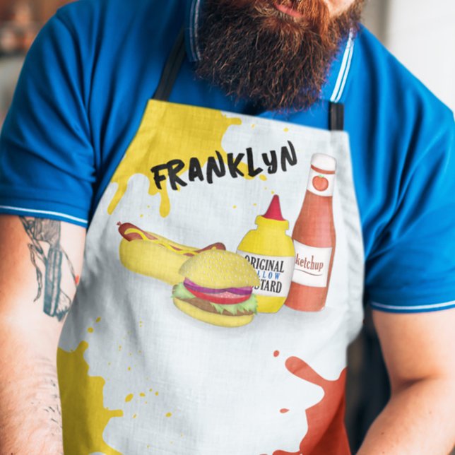 Funny BBQ Grill Personalised  Apron (Custom BBQ hamburgers, hotdog, ketchup and mustard large apron)