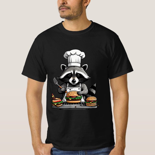 Funny BBQ Racoon Flipping Burgers  T-Shirt (Front)